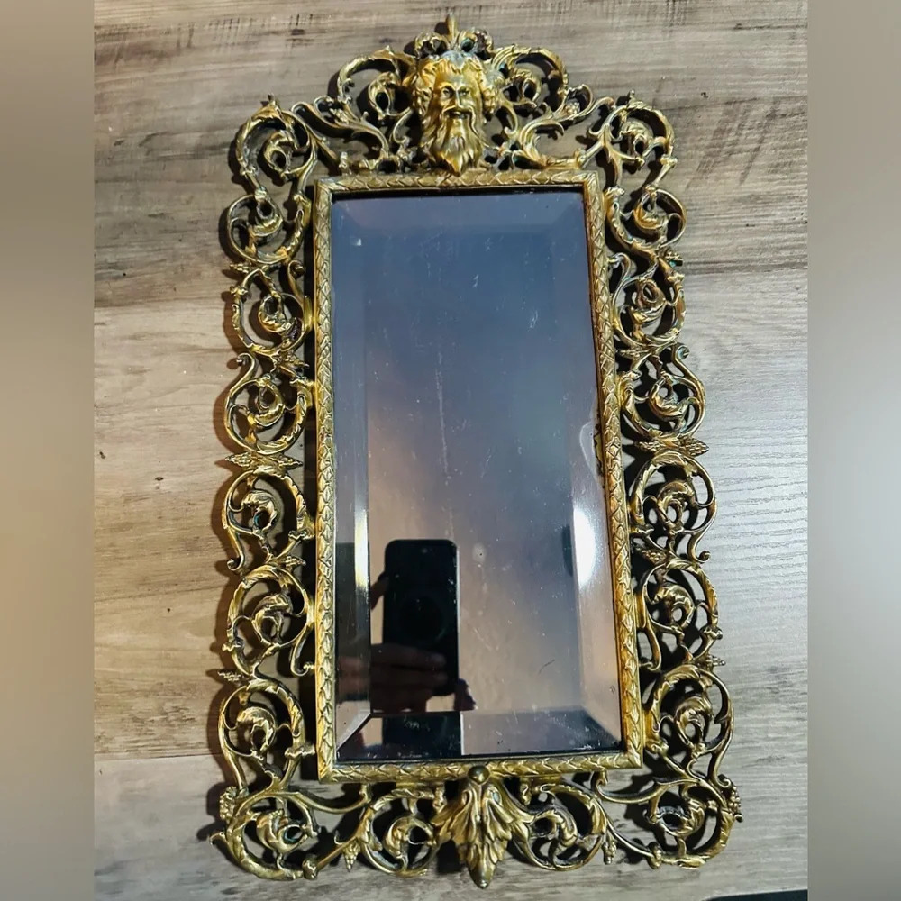Antique 19th c. Victorian Brass Wall Mirror with Bacchus Face And Ornate Design